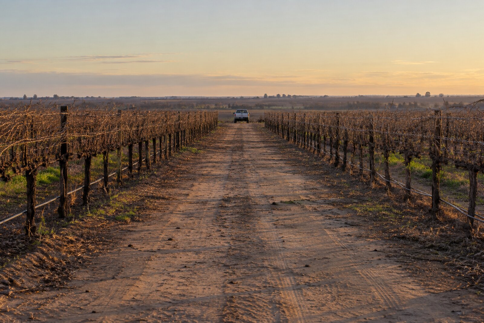 An empty dirt road runs between bare grapevine rows at sunset, with a pickup truck in the distance.