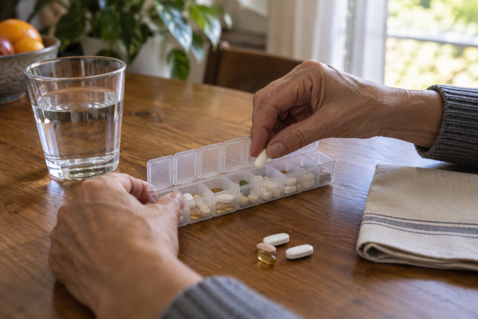 Hands fill a weekly pill organizer at a table beside a glass of water and loose pills.