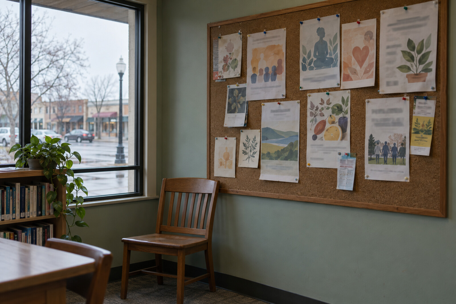A corkboard of pinned flyers in a small library community room beside a window.