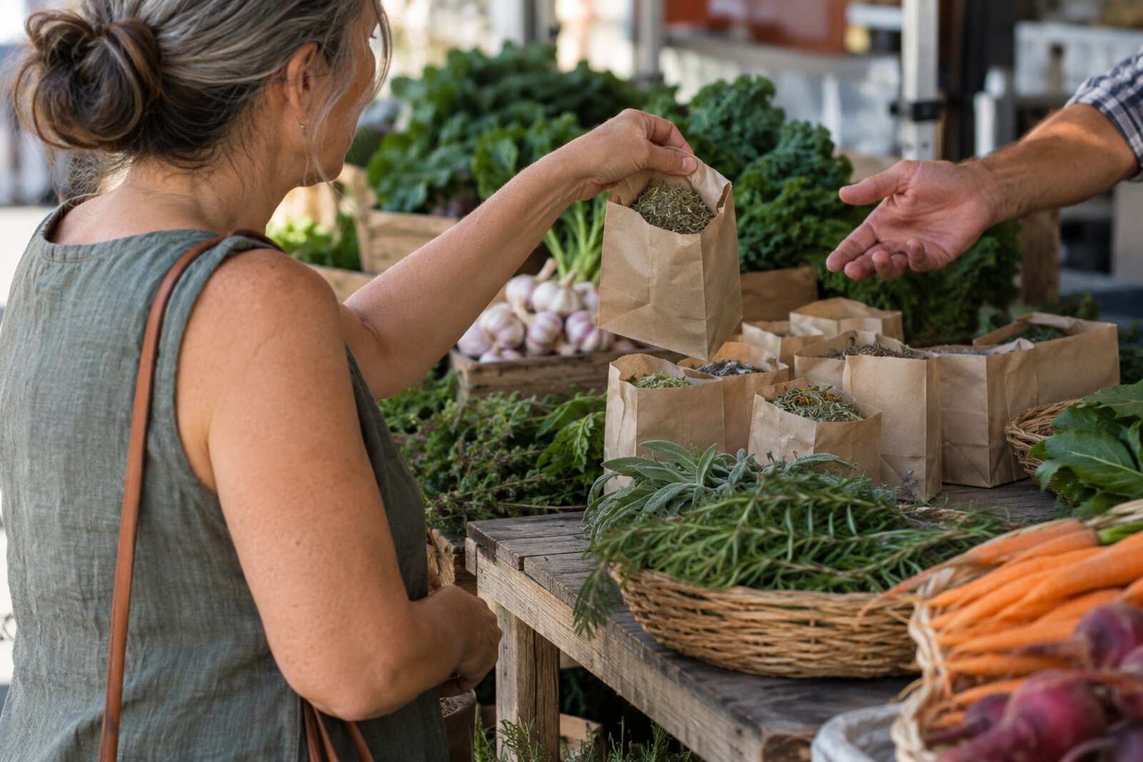 A woman at a farmers market takes a paper bag of dried herbs from a vendor.