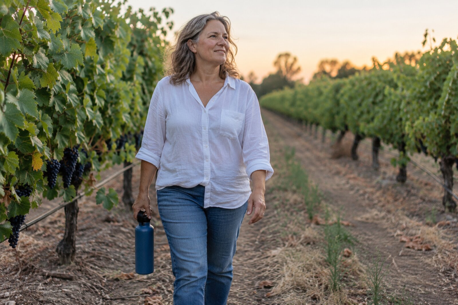 A woman stands between vineyard rows at dusk, holding a blue water bottle.