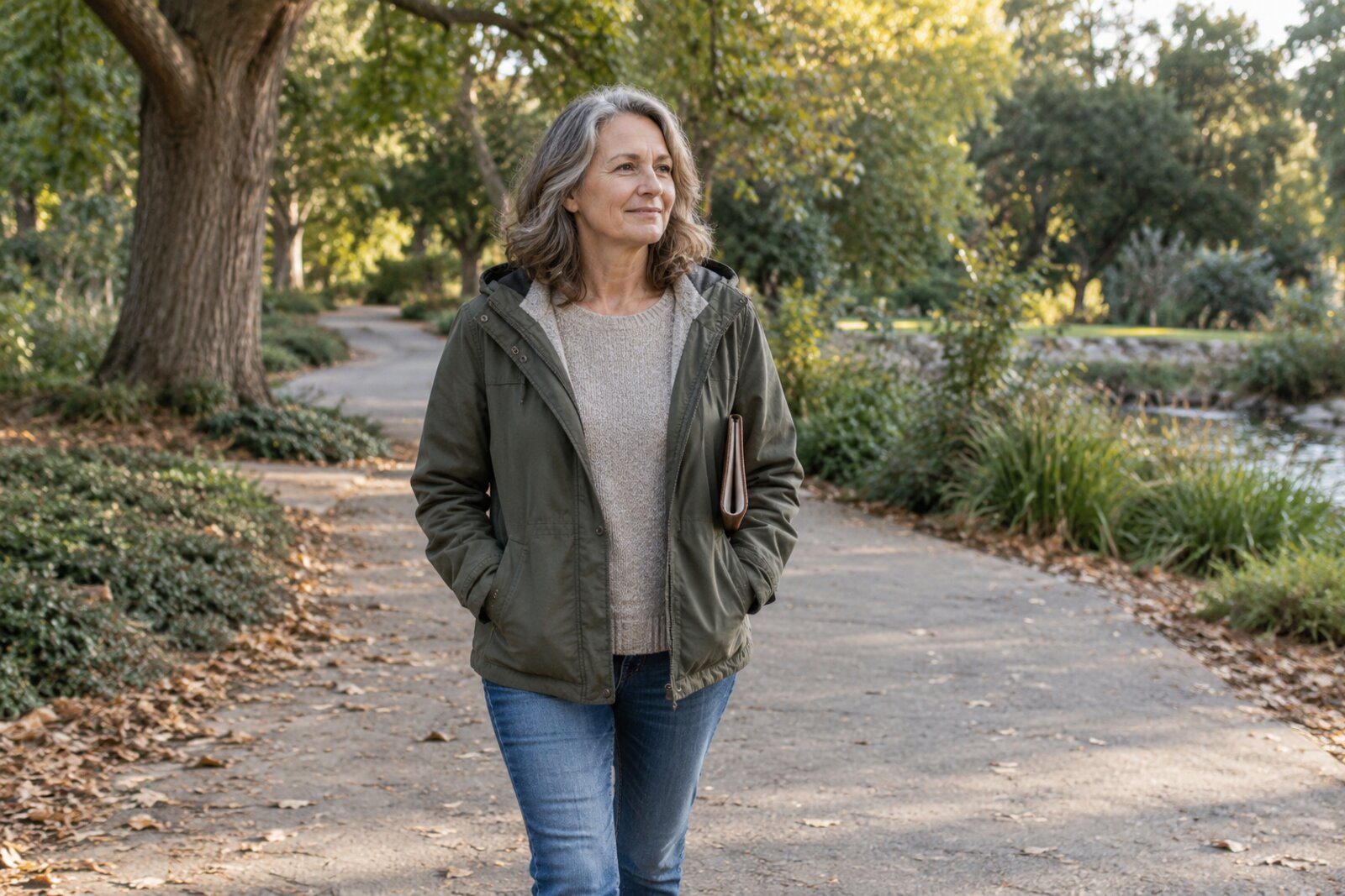 A woman in a green jacket walks a park path while holding a wallet.
