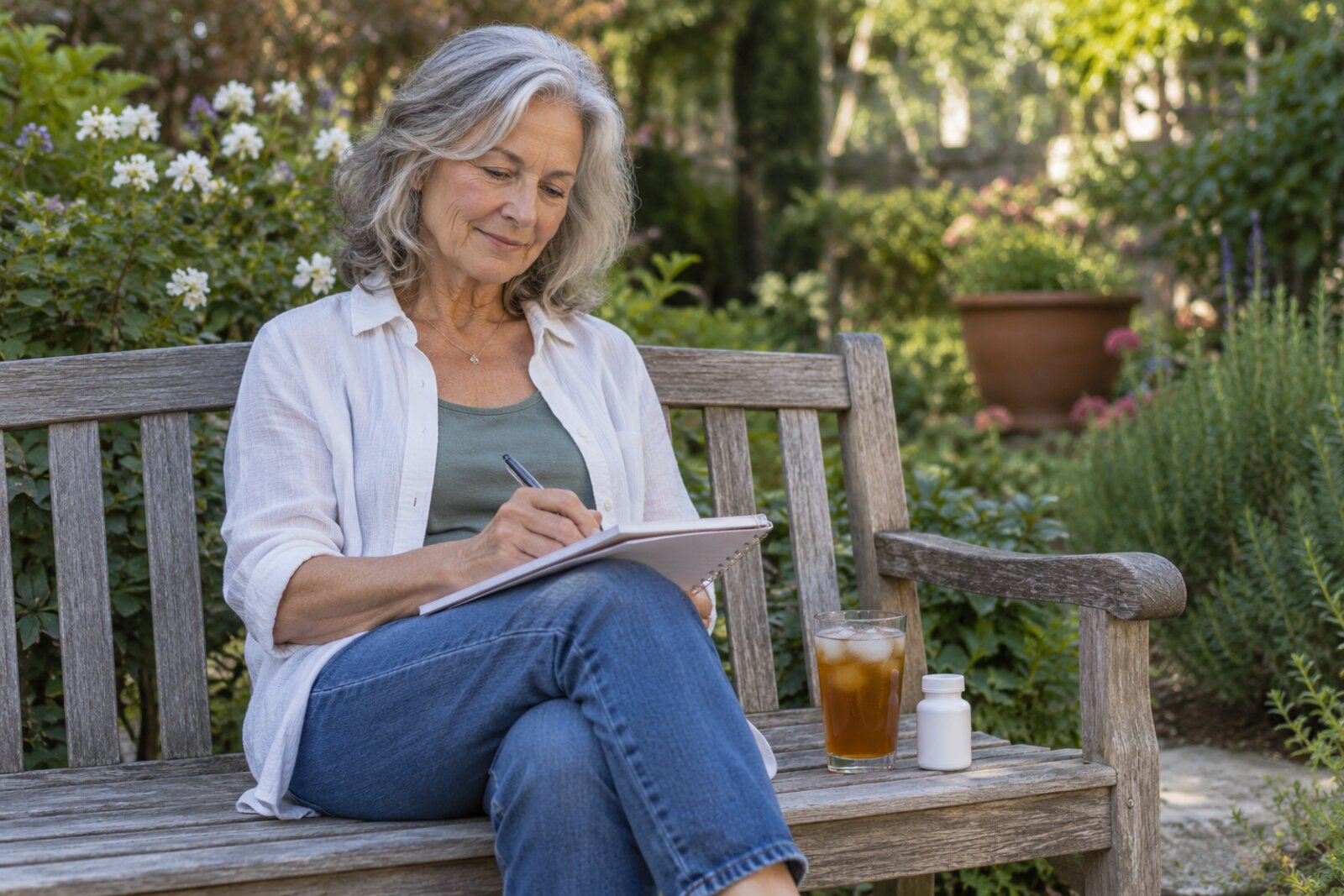A woman writes in a notebook on a garden bench beside a glass of iced tea and a supplement bottle.