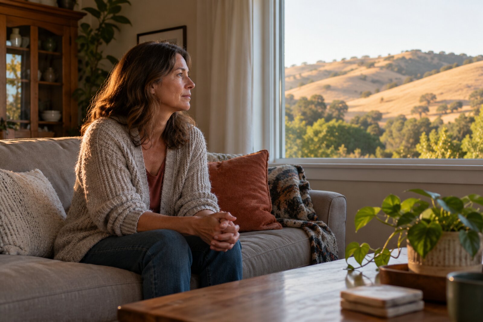 A woman sits on a sofa by a large window, looking out over golden hills with her hands clasped.