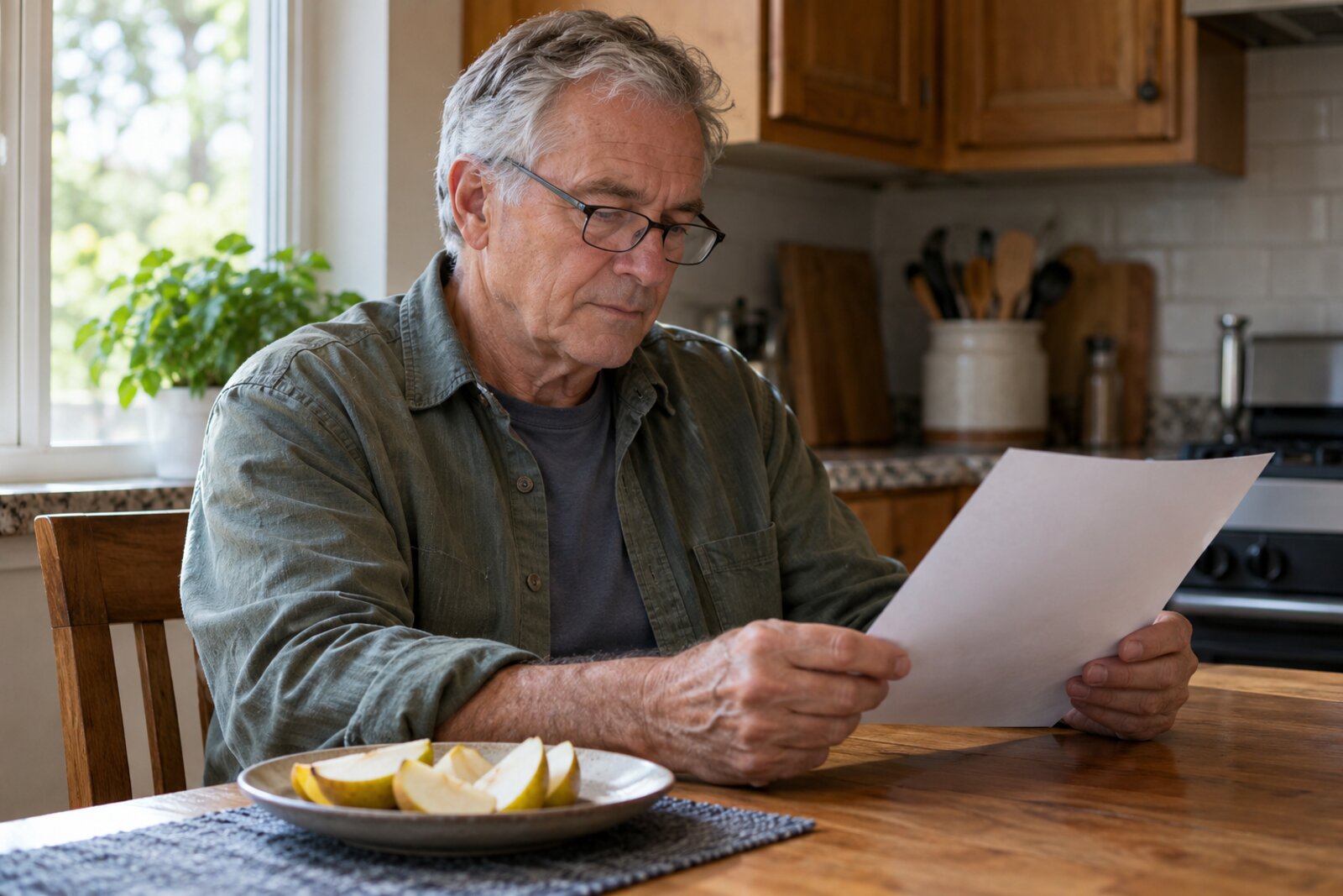An older man reads a printed page at a kitchen table with a plate of pear slices nearby.