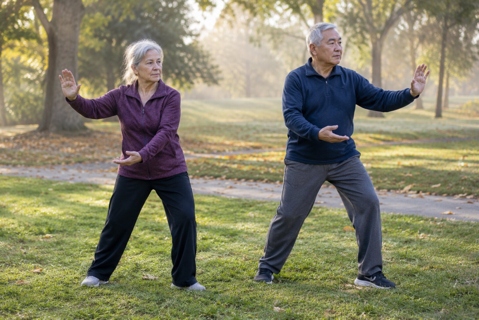 Two older adults stand together in a park, moving through slow standing poses.